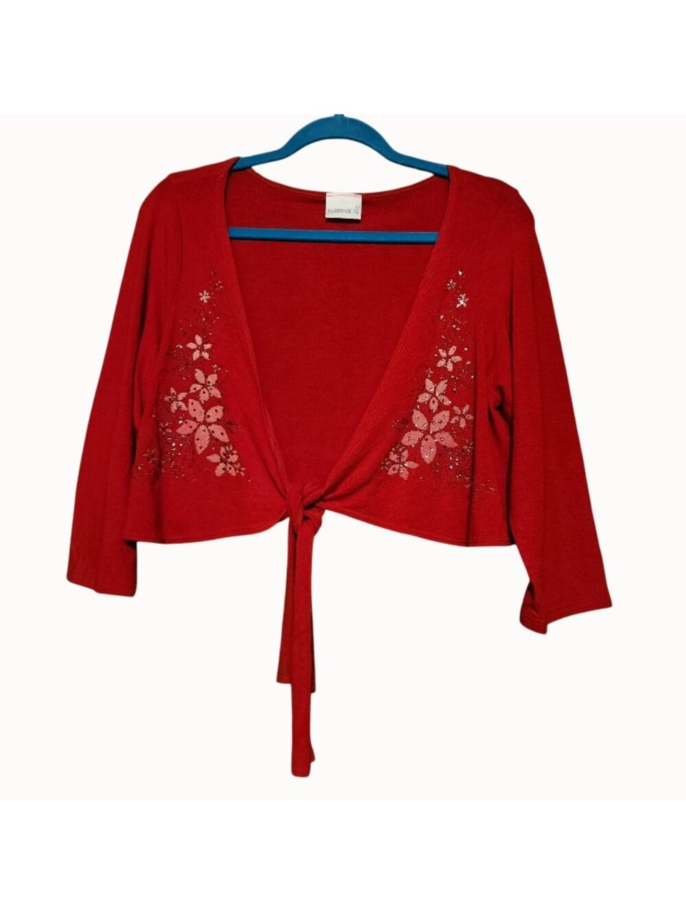 Fashion Bug Red Floral Embellished Tie-Front Cardigan 14/16 Polyester Blend